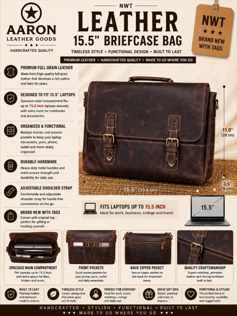 NWT Aaron Leather Goods 15.5" Dark Brown Leather Messenger Briefcase Laptop Bag